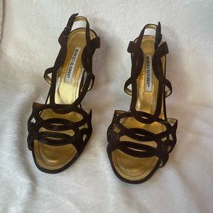 Manolo Blahniks! Dark brown strappy sandals. Size 38.5 but fit like 7.5